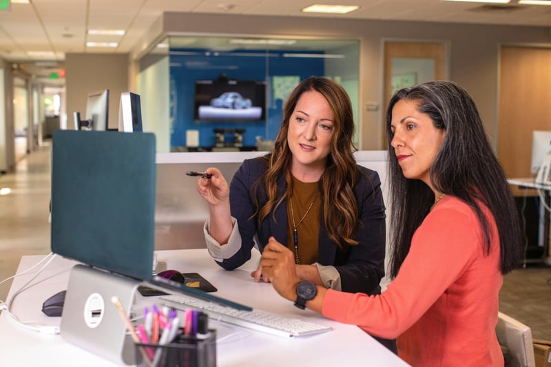 Two colleagues discussing in front of a computer